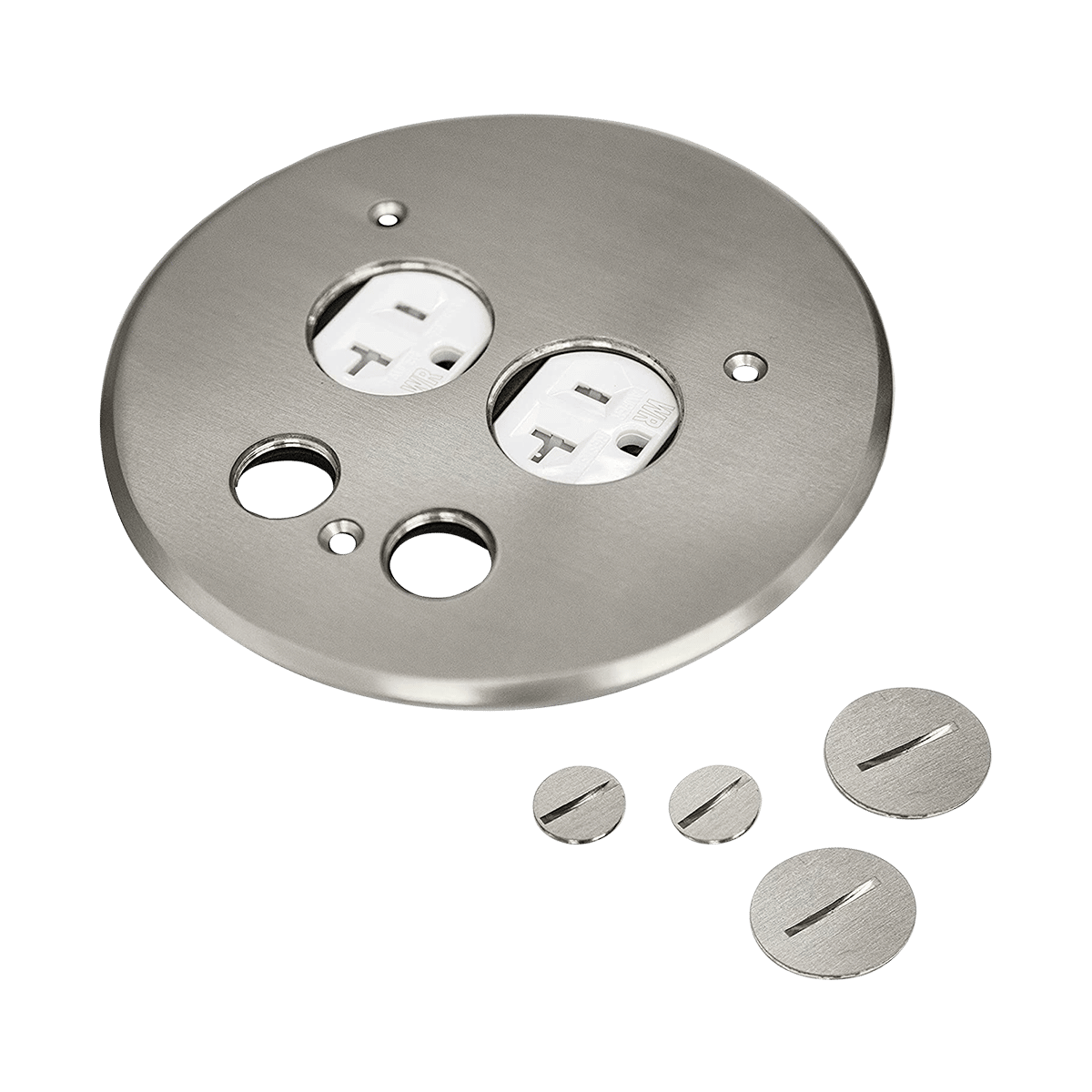 1-Gang 5.50" Round Coin Open Floor Box Cover, 20A TR Receptacle and Data Ports